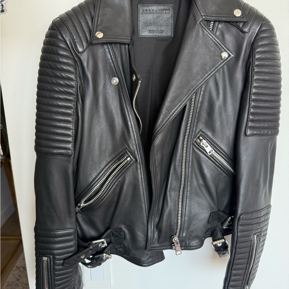 All Saints Black Leather Quilted Moto Jacket